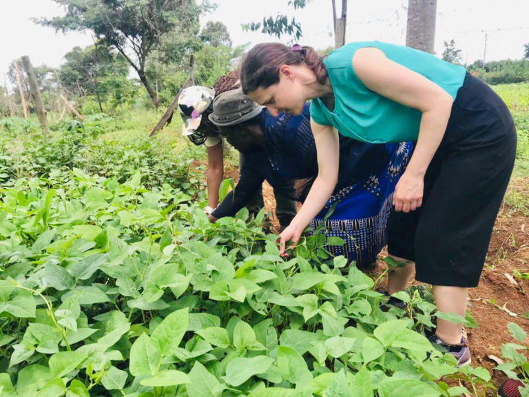 The HIGH team meeting a beneficiary households and picking cowpeas in her garden on May 3rd 2022.