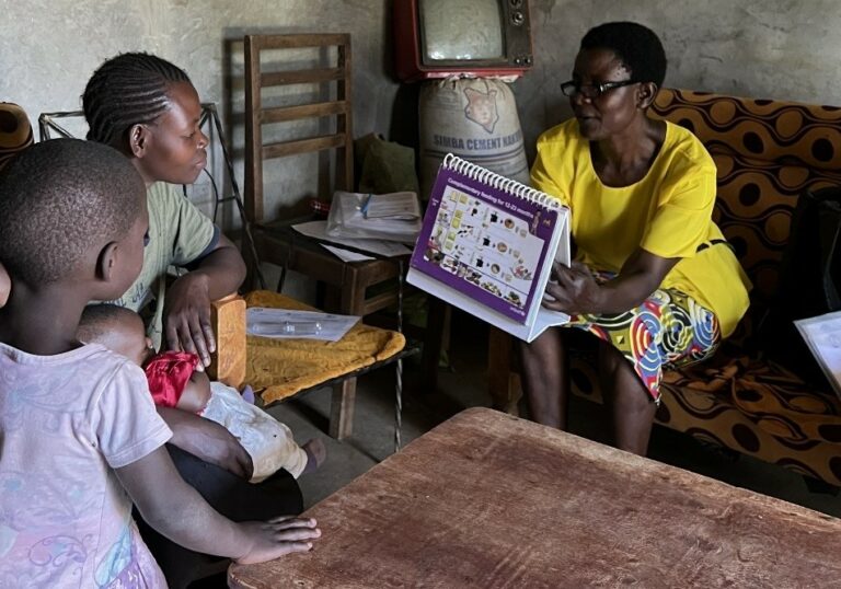 Trained Community Health Volunteer (CHV) provides nutrition and health counselling to the mother of a participating child in Siaya County © Grace Wothaya Kihagi